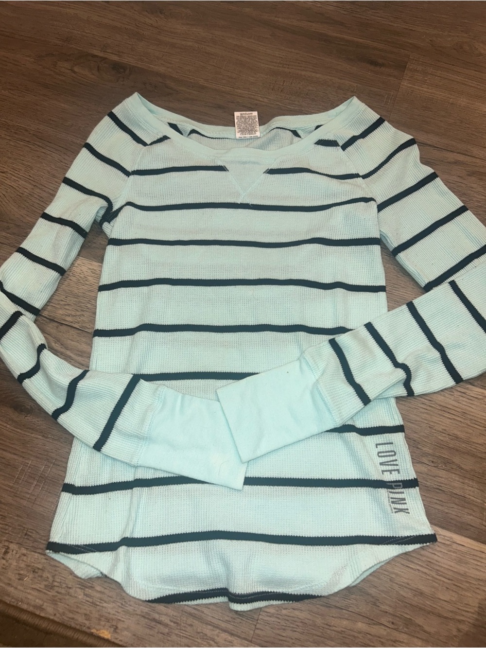 PINK Victoria's Secret Mint Green & Navy Stripe Long-Sleeve Top